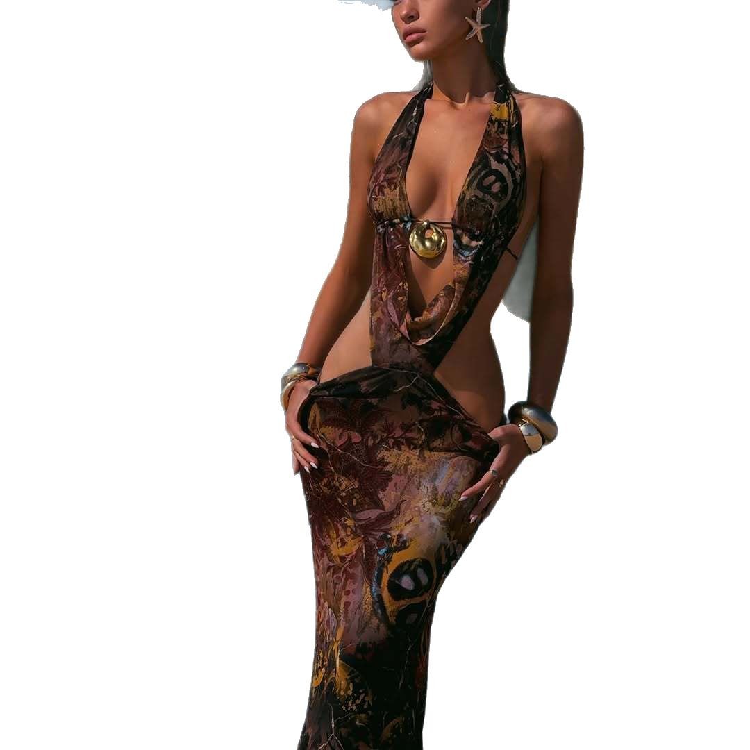 Lace-up Tight Beach Deep V Sexy Bare Back Halter Dress