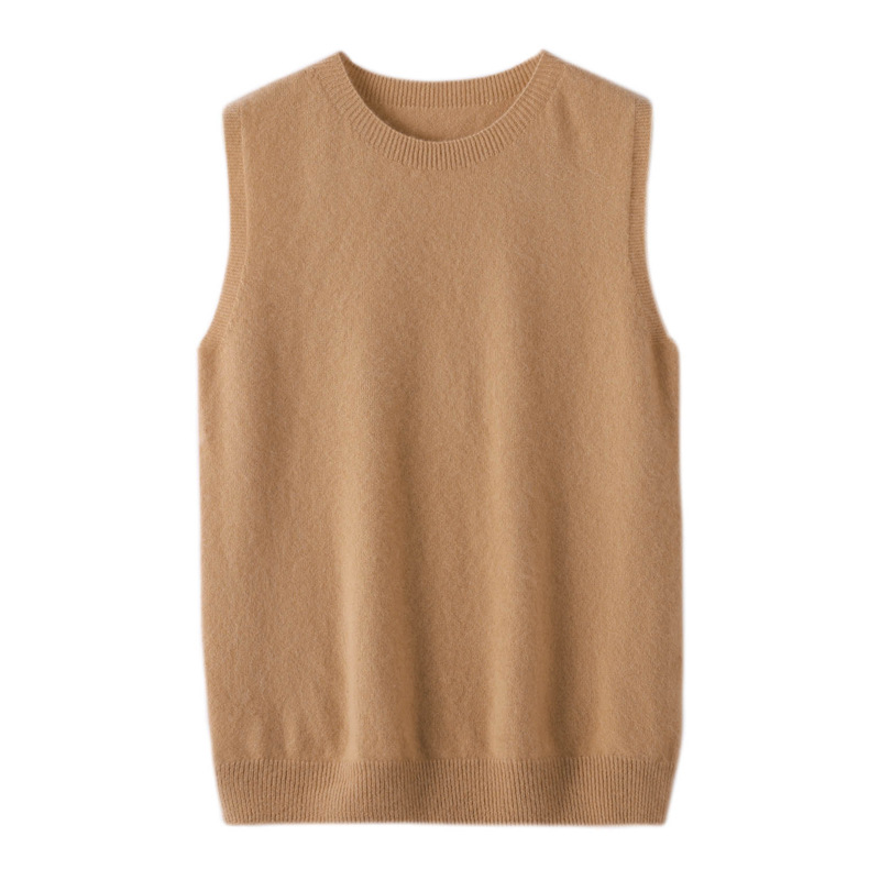 Women's Round Neck Sleeveless Pure Wool Sweater Vest Golden Camel - Shop at LoveMi