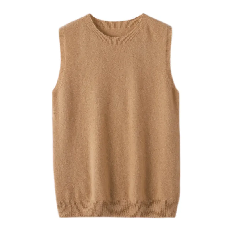 Women's Round Neck Sleeveless Pure Wool Sweater Vest - Golden Camel