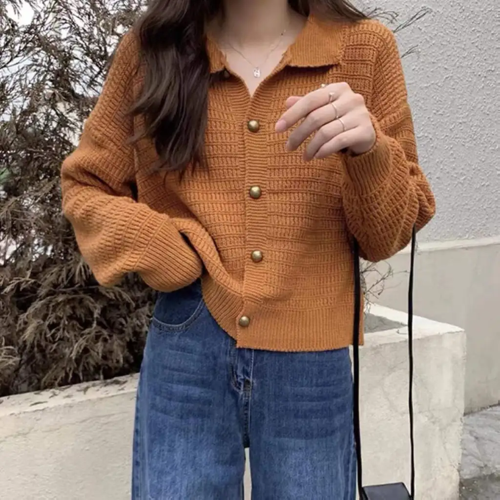 Retro Lapels Sweaters Cardigan Outerwear Top - Khaki
