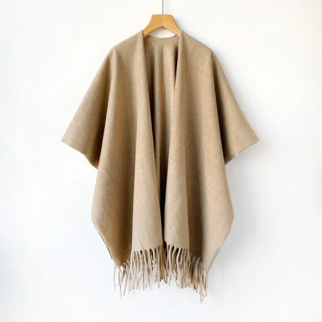 Premium Oatmeal Solid Color Cashmere like Large Shawl Outerwear Light Coffee - Shop at LoveMi