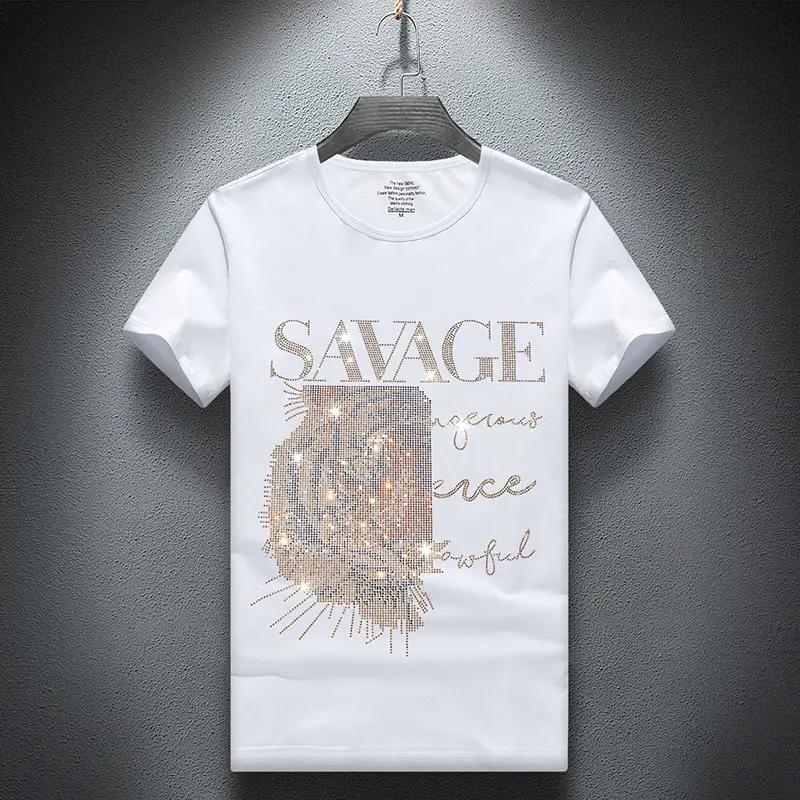 European Goods Round Neck Rhinestone Hot Fixed Short Sleeve T-shirt