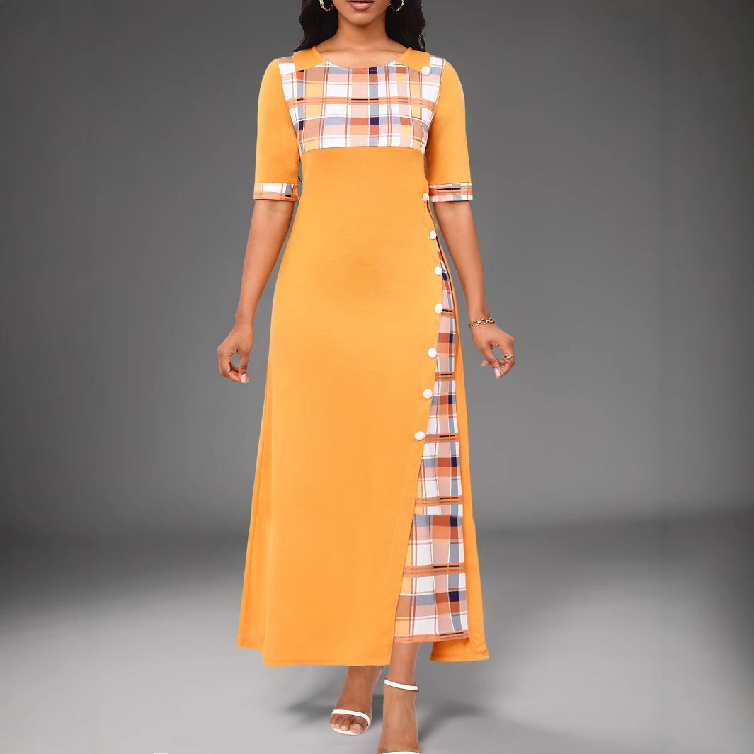 Round Neck Contrast Medium Sleeve Long Dress