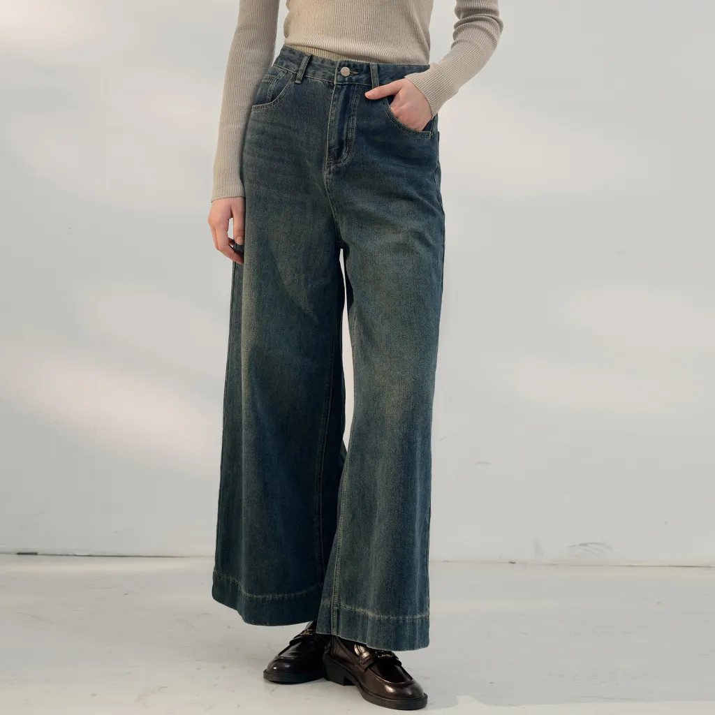 Retro Style High Waist Jeans Women's Pocket - Blue