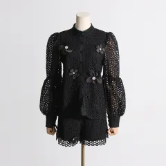 Embroidered Lace Fashion Suit Women's Two-piece Set - Black - View 1