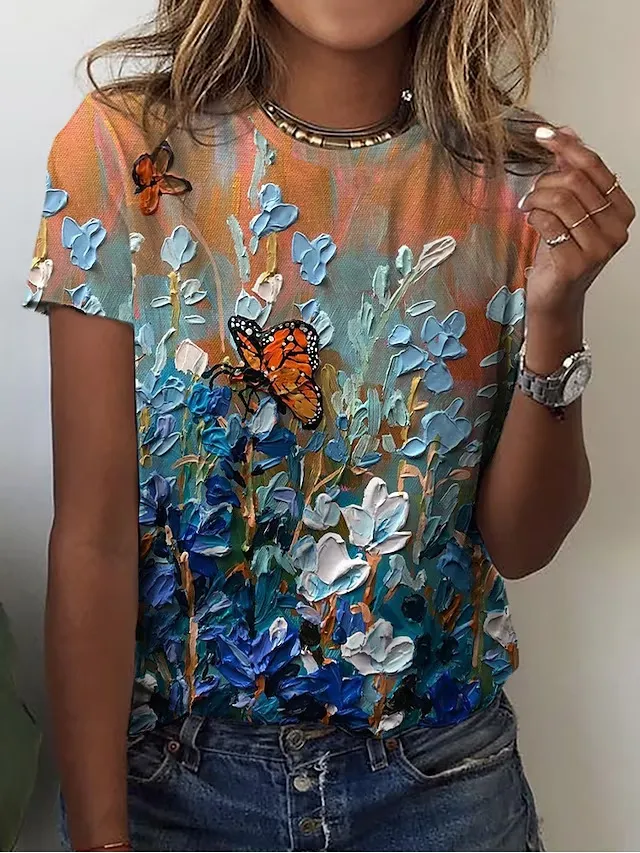 Summer Women's 3D Digital Printing Pullover Round Neck T-shirt - Pattern A347-5Xl