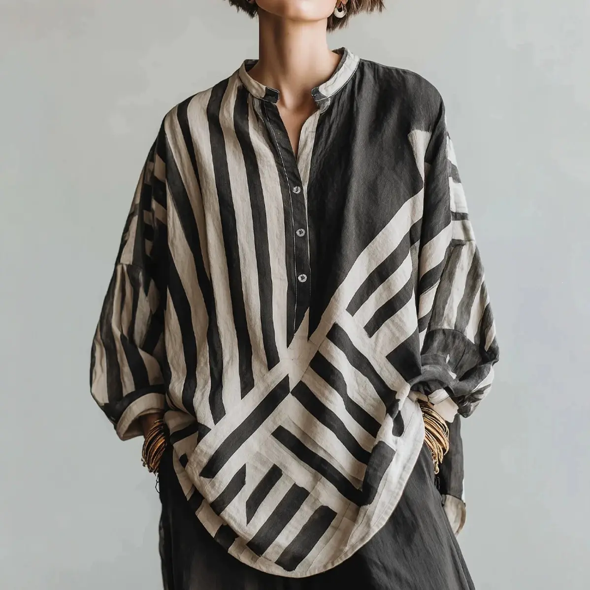 Striped Printed Cotton Linen Blend Loose Long