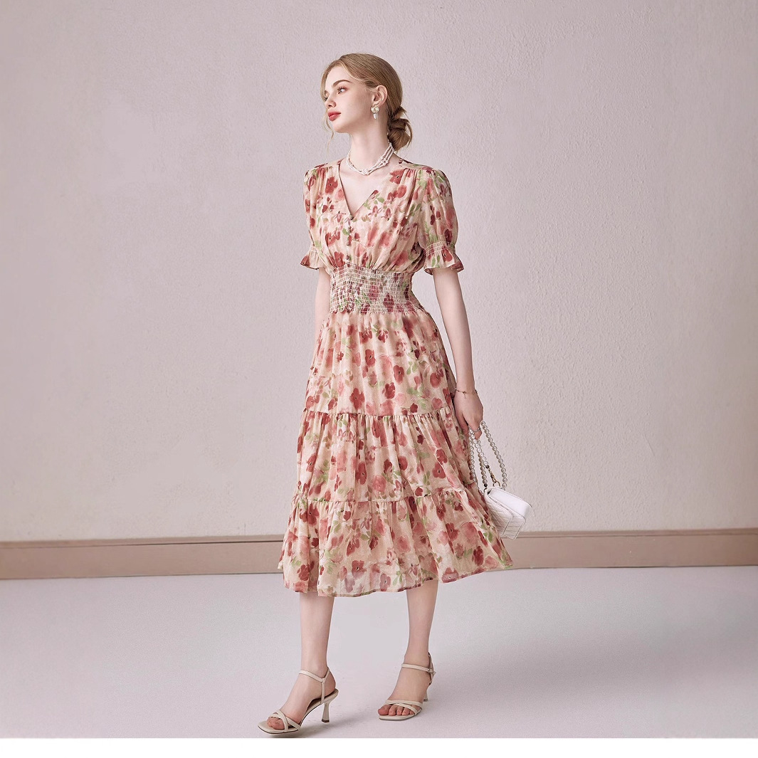 V neck Puffed sleeve Floral Chiffon Dress Red - Shop at LoveMi