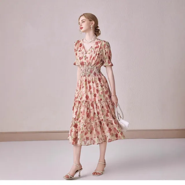 V neck Puffed sleeve Floral Chiffon Dress Red - Shop at LoveMi