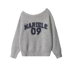 Women's American-style Letter Sweater Loose Off-the-shoulder Pullover - Flower Grey - View 1