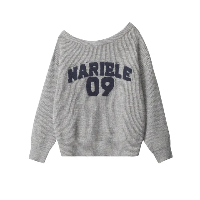 Women's American style Letter Sweater Loose Off the shoulder Pullover Flower Gray - Shop at LoveMi