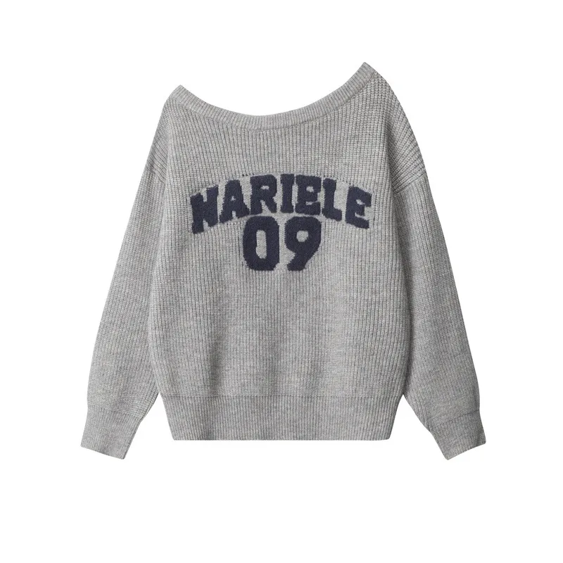 Women's American-style Letter Sweater Loose Off-the-shoulder Pullover - Flower Grey