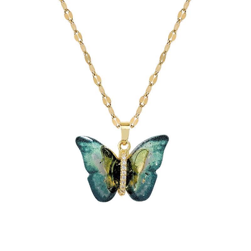 Titanium Steel Colorful Butterfly Full-Diamond Necklace