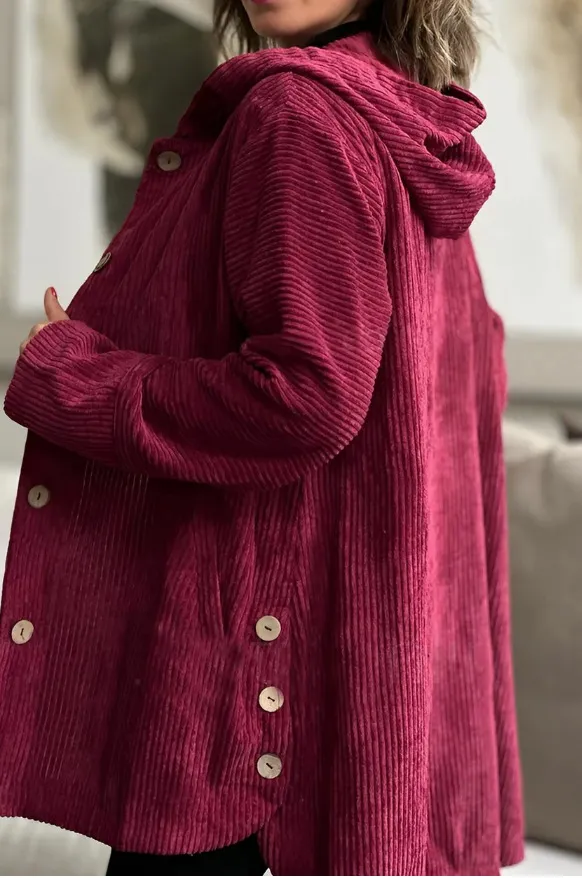Women's Corduroy Hooded Jacket Fashion Warm Pockets Button Mid length Top Casual Fall Winter Outwear Clothing Red - Shop at LoveMi