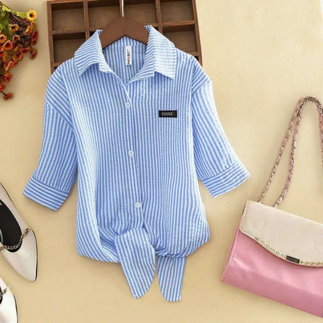 Striped Thin Shirt Women's Bow Outer Tops Sky Blue Strip - Shop at LoveMi