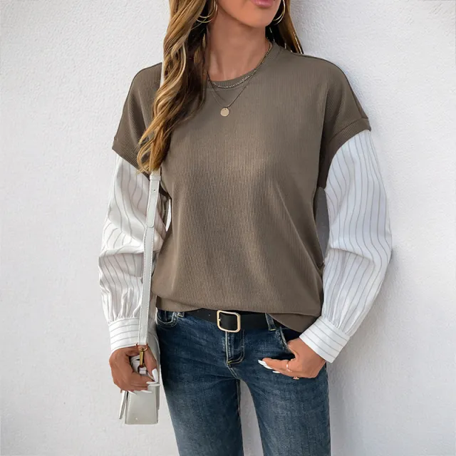 Long Sleeve Fake Two piece Color Matching Knitted Round Neck Sweater Coffee Brown - Shop at LoveMi