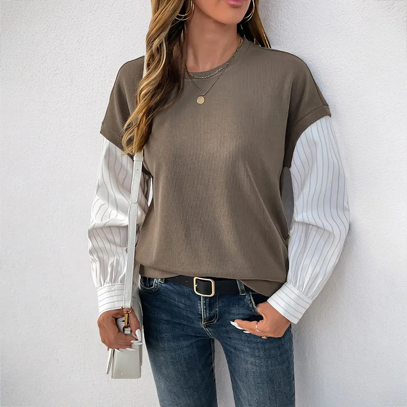 Long Sleeve Fake Two-piece Color Matching Knitted Round Neck Sweater - Coffee Brown