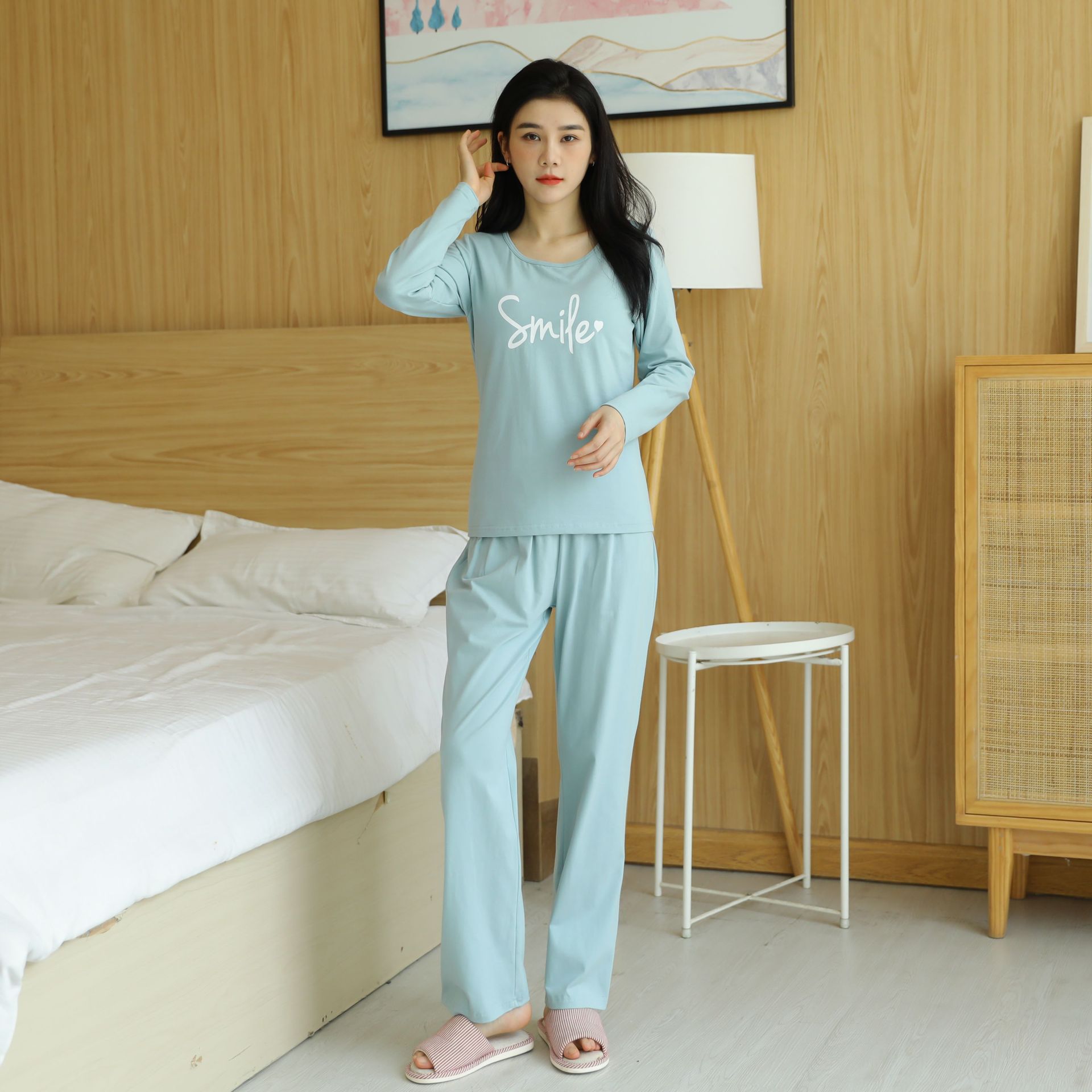 Cotton Printed Tape Chest Pad Long Sleeve Trousers Pajamas Suit