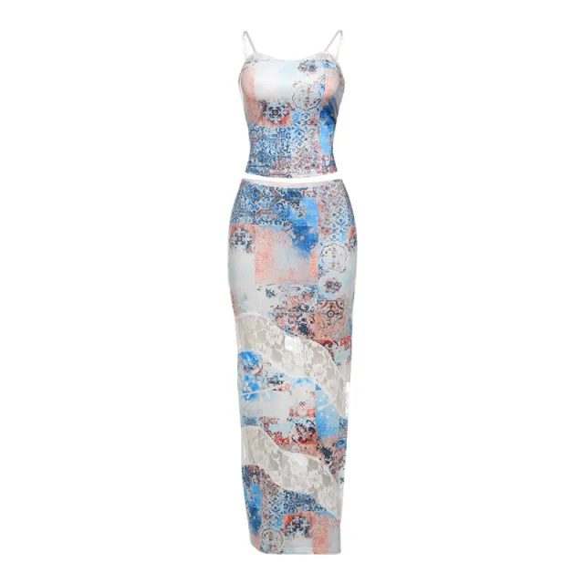 Design Lace Printed Sling Slim Fit High Waist Slit Skirt Suit Blue - Shop at LoveMi