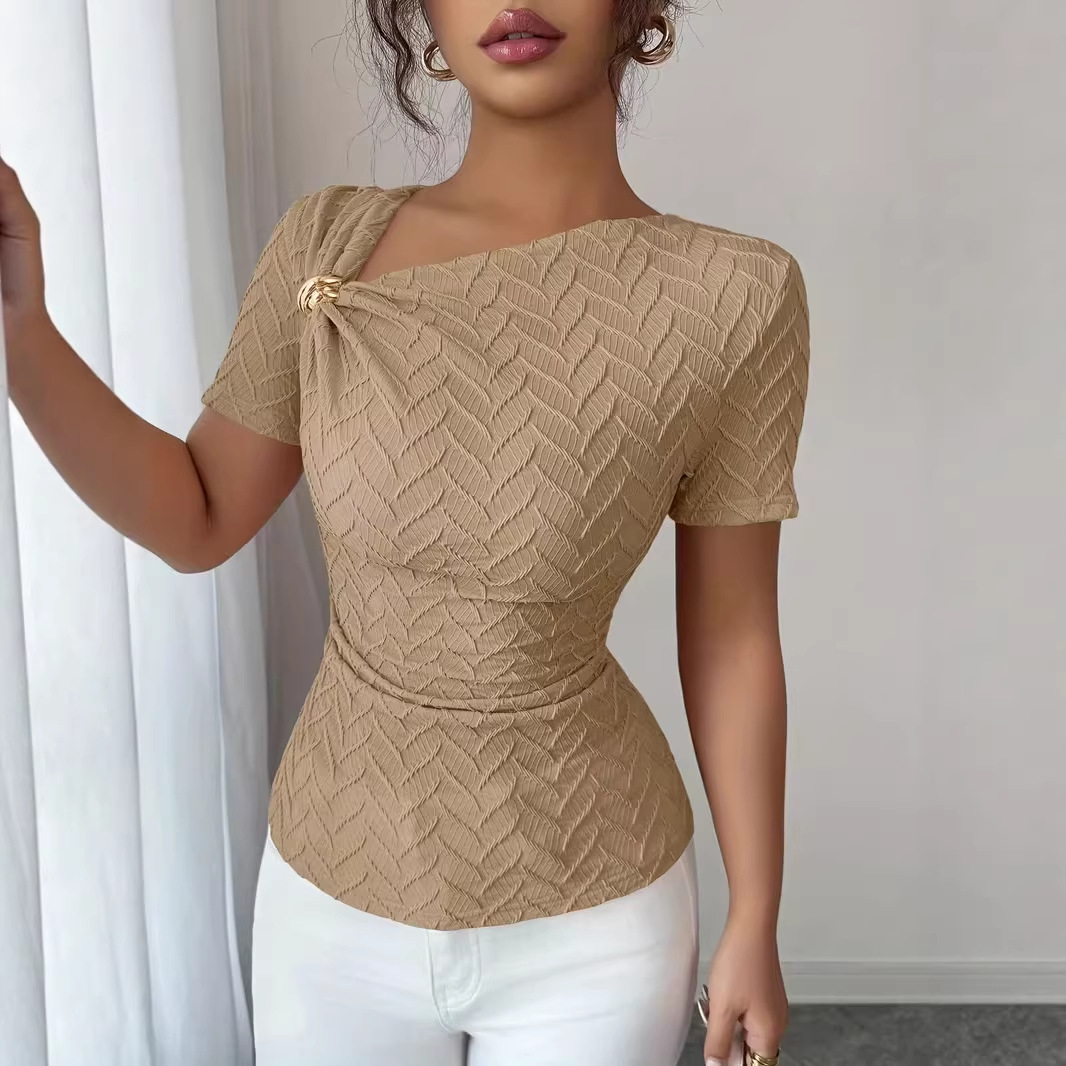 Asymmetric Neckline Metal Buckle-Embellished Short-Sleeve Top
