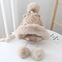 Winter Knitted Ear Protection Wool Hat Parent-child Style - Big Fur Khaki - View 1