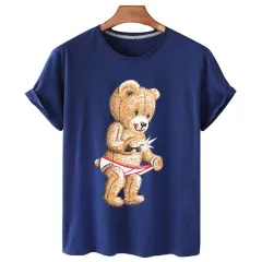 Summer Casual Funny Bear Print Round Neck Loose Short Sleeves T-shirt Ins Trend - Blue - View 1