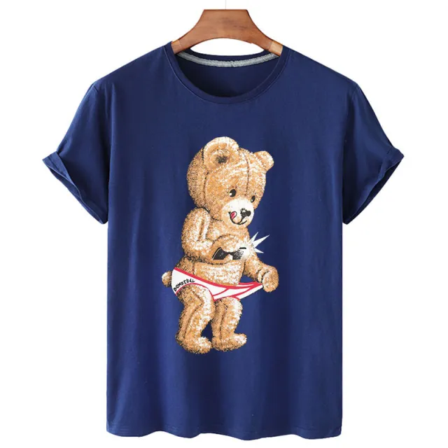 Summer Casual Funny Bear Print Round Neck Loose Short Sleeves T shirt Ins Trend Blue - Shop at LoveMi