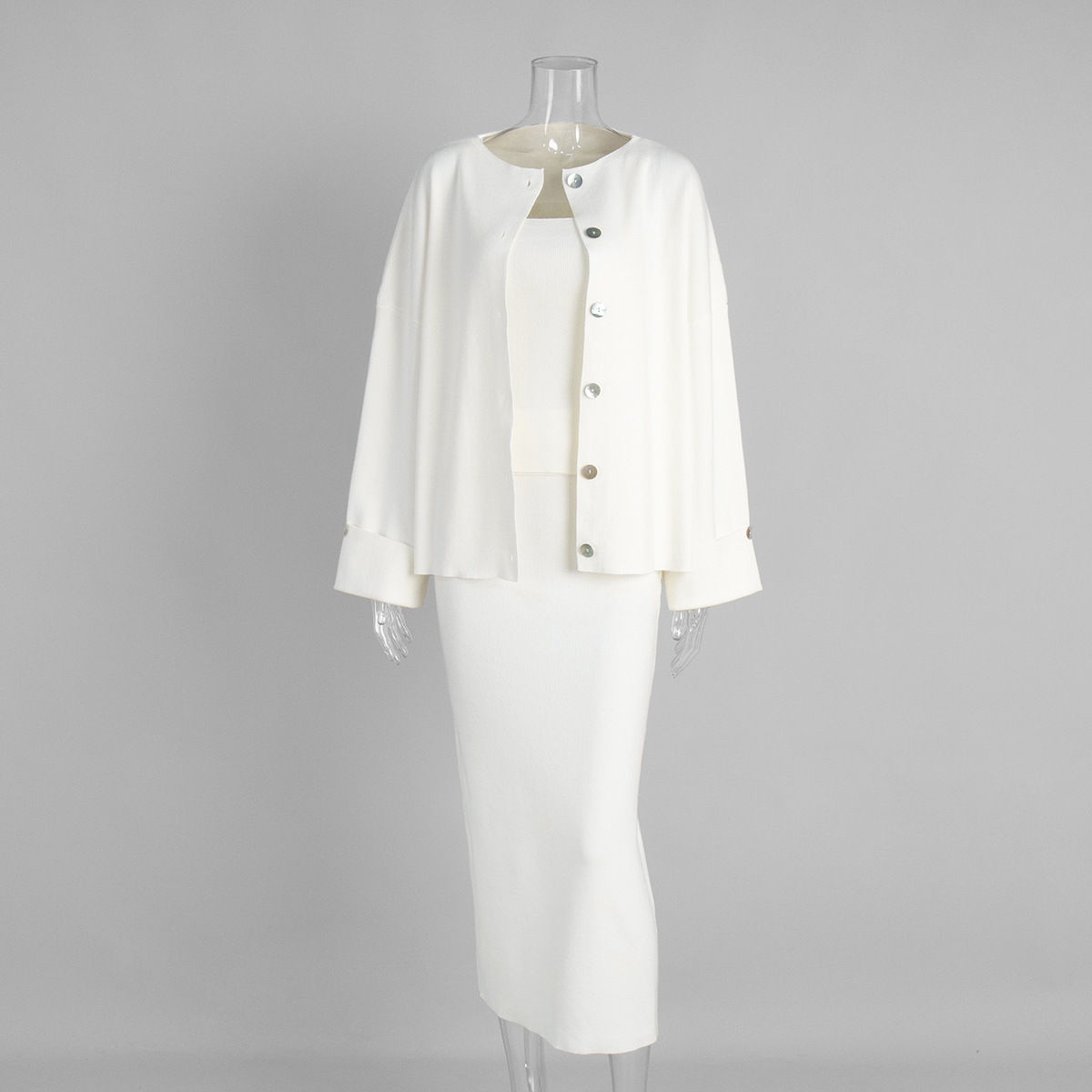 Three-piece knit cardigan, camisole and skirt set, product reference image 8
