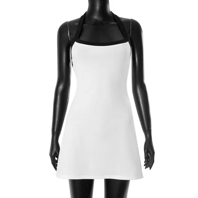 Women's Contrast Color Halter Backless Hip Dress Black And White Contrast Color - Shop at LoveMi