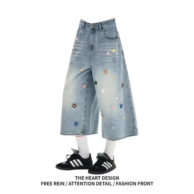 Womens Retro Washed Light Blue Cropped Denim Jeans In American Style Blue - Shop at LoveMi