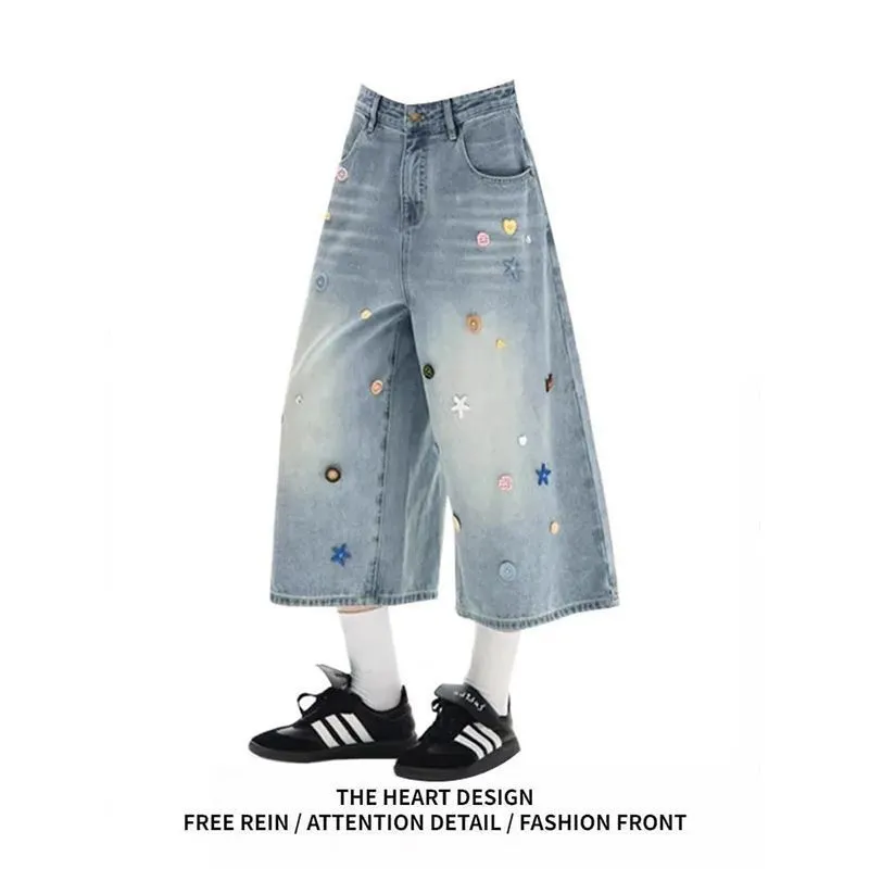 Womens Retro Washed Light Blue Cropped Denim Jeans In American Style - Blue