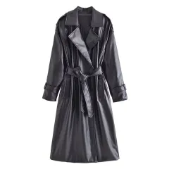 Women's Clothing AutumnLong Sleeve Slim Fit With Belt Imitation Leather Trench Coat - Black - View 1