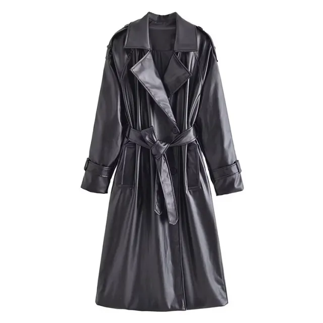 Women's Clothing AutumnLong Sleeve Slim Fit With Belt Imitation Leather Trench Coat Black - Shop at LoveMi