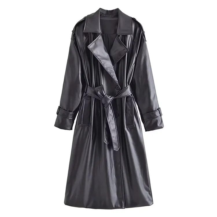 Women's Clothing AutumnLong Sleeve Slim Fit With Belt Imitation Leather Trench Coat - Black