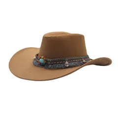 Ethnic Style Denim Top Hat Curling Felt Cap Horse Riding Hat - Dark Khaki - View 1