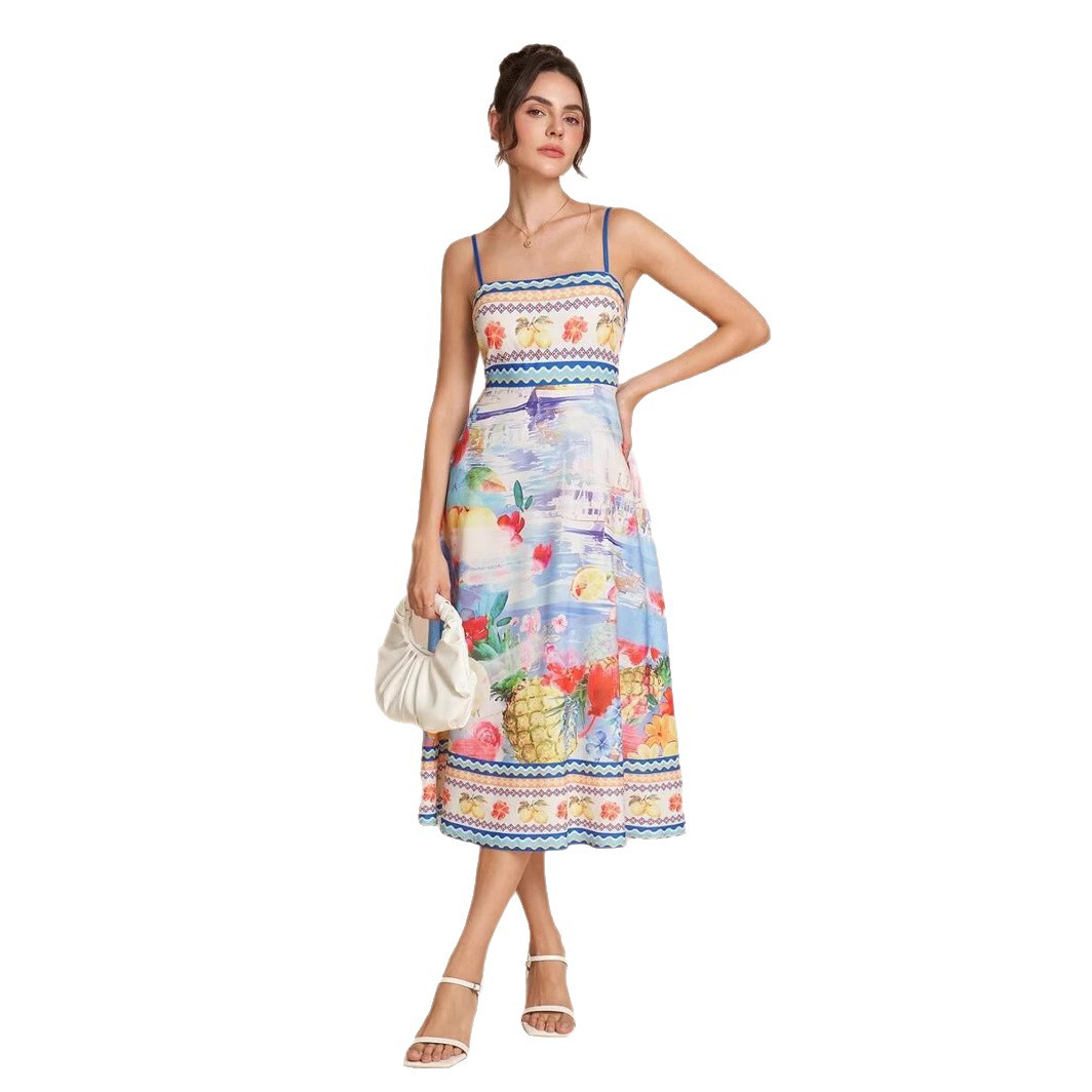 Elegant Spaghetti Strap Floral Print Summer Dress