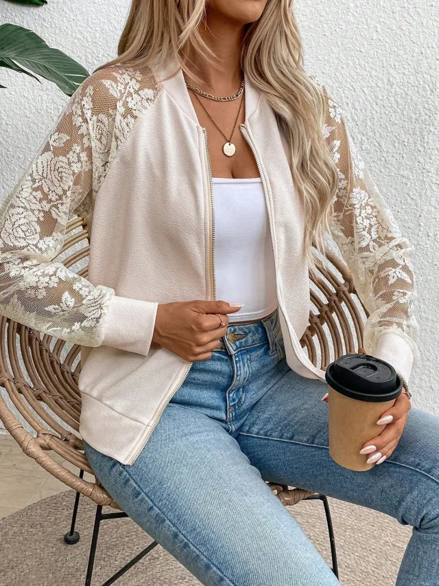 Long Sleeve Baseball Collar Jacket Top Apricot - Shop at LoveMi