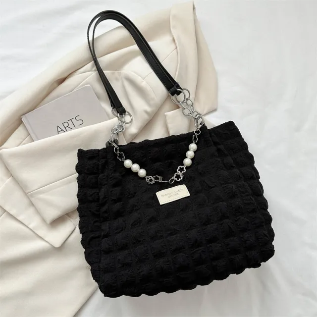 Simple Pleated Shoulder Bag Female Underarm Bag Commuter Tote Black - Shop at LoveMi