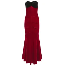 Contrast Colour Sexy Socialite Off-shoulder Tube Top Package Hip Fishtail Dress Women - Red - View 1