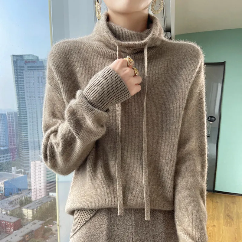 Autumn And Winter Cashmere Sweater Women's Turtleneck Drawstring Loose Thick Pullover Sweater - Camel