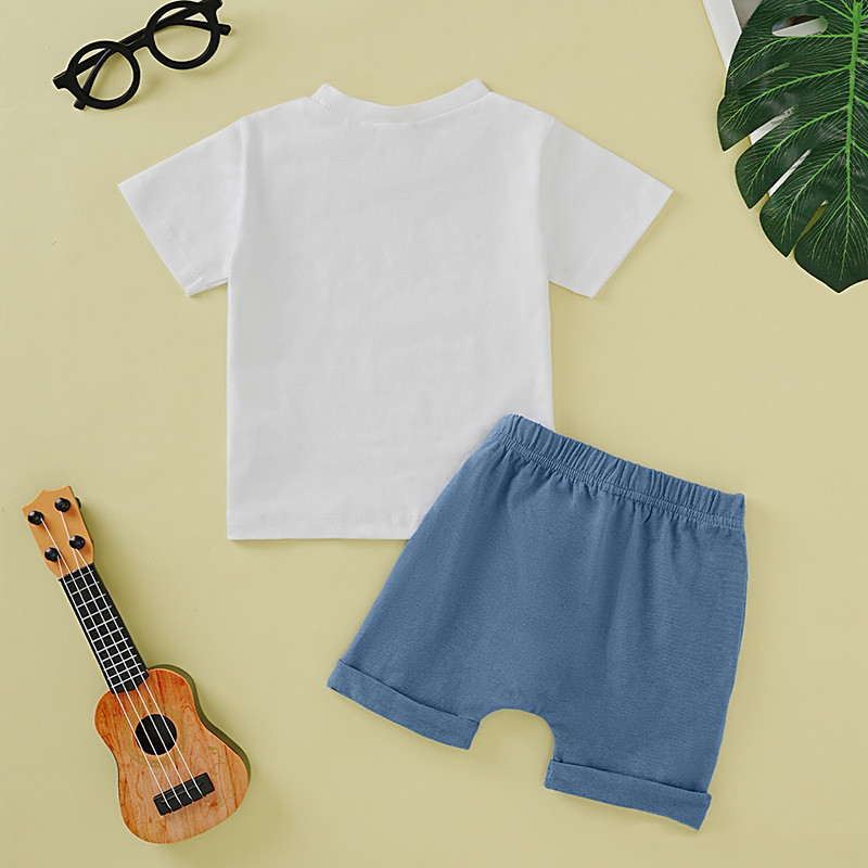 Boys' Printed Round Neck Solid Color Short Sleeve Pocket Shorts Suit