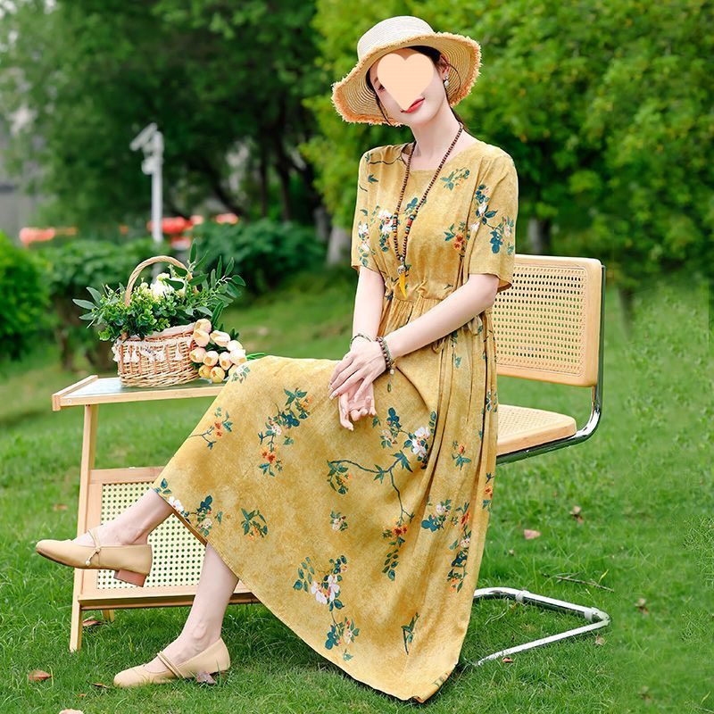 Dress Slimming Waist-tight Floral Overknee Dress Loose Summer Dress