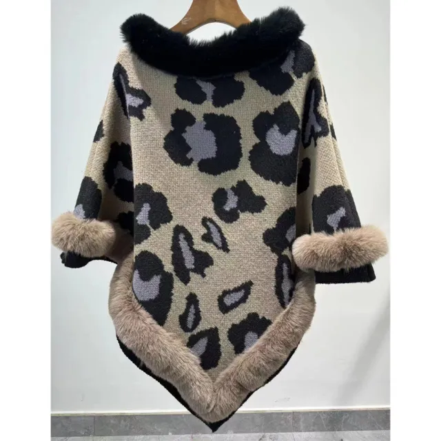 Leopard Print Plus Size Pullover Cloak Big Fur Collar Irregular Mid length Cloak Khaki - Shop at LoveMi