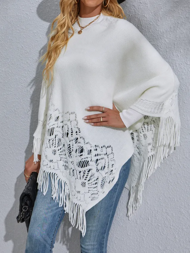 Women's Mid length Lace Tassel Shawl Sweater White - Shop at LoveMi