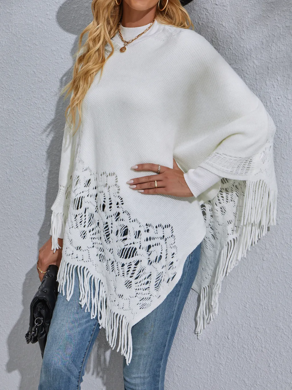 Women's Mid-length Lace Tassel Shawl Sweater - White