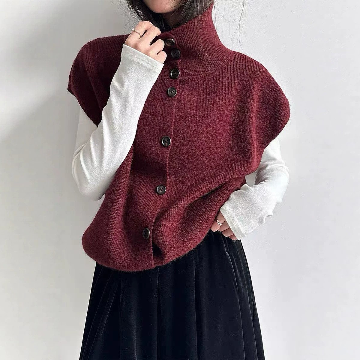 Turtleneck Knitted Sleeveless Cardigan Vest