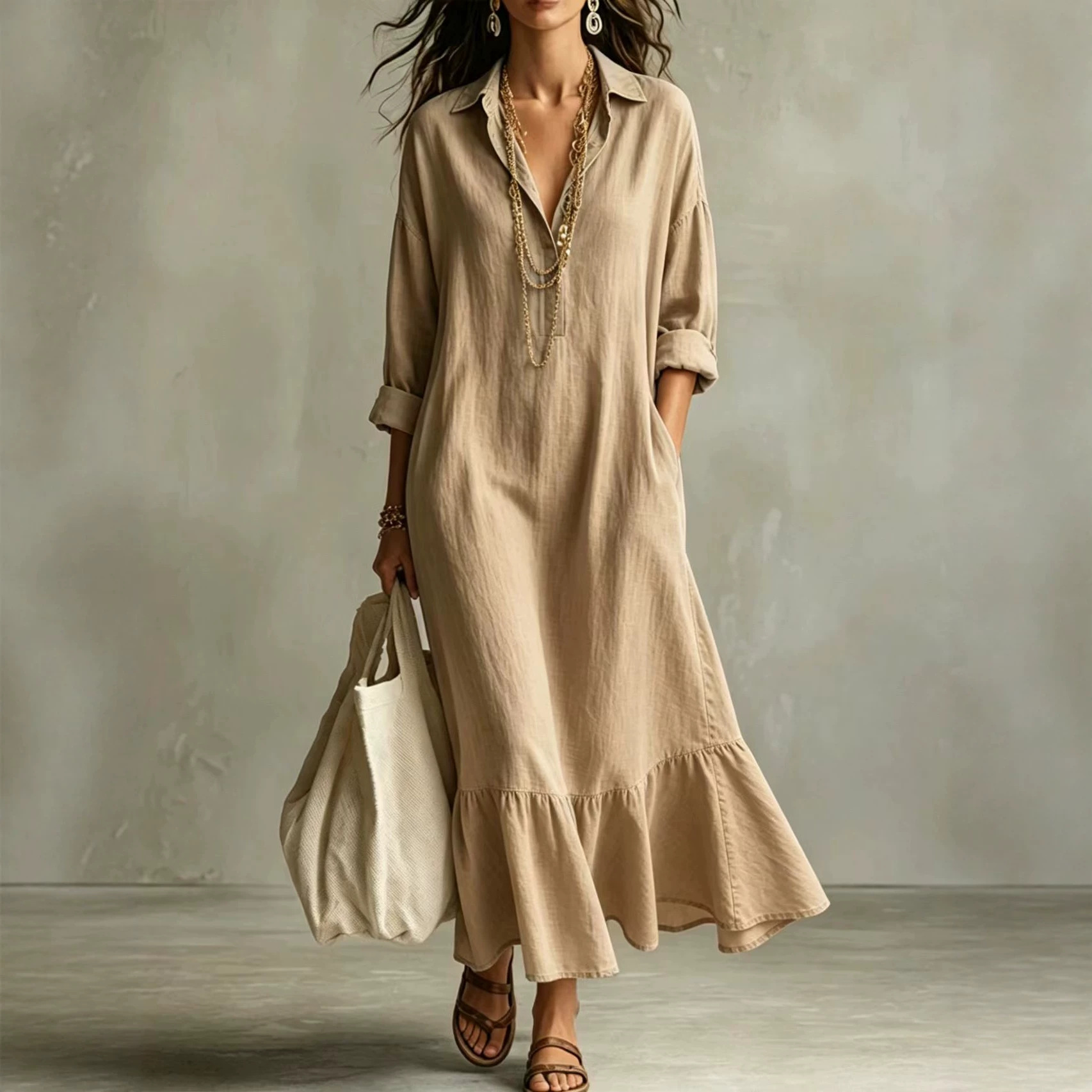 Turn-down Collar Fishtail Casual Loose-fit Figure-flattering Shirt Dress
