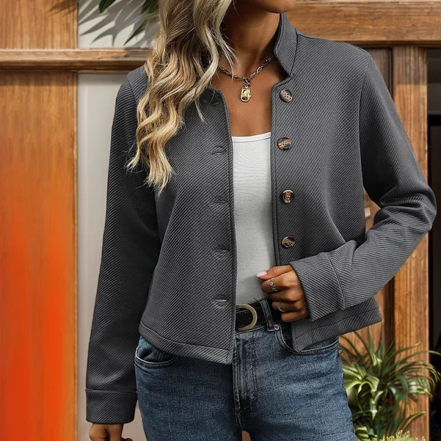 Women's Texture Stand Collar Long Sleeve Jacket Tan - Shop at LoveMi