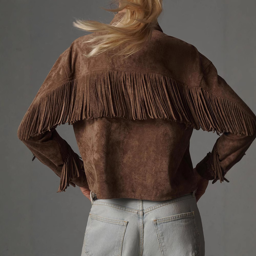 Brown Jacket With A Lapel Tassel Detailing, And Long Sleeves