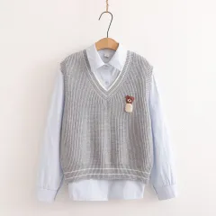 Navy Style Embroidered Bear Women's Long Sleeve Cardigan Shirt Sweater Suit - Gray - View 1
